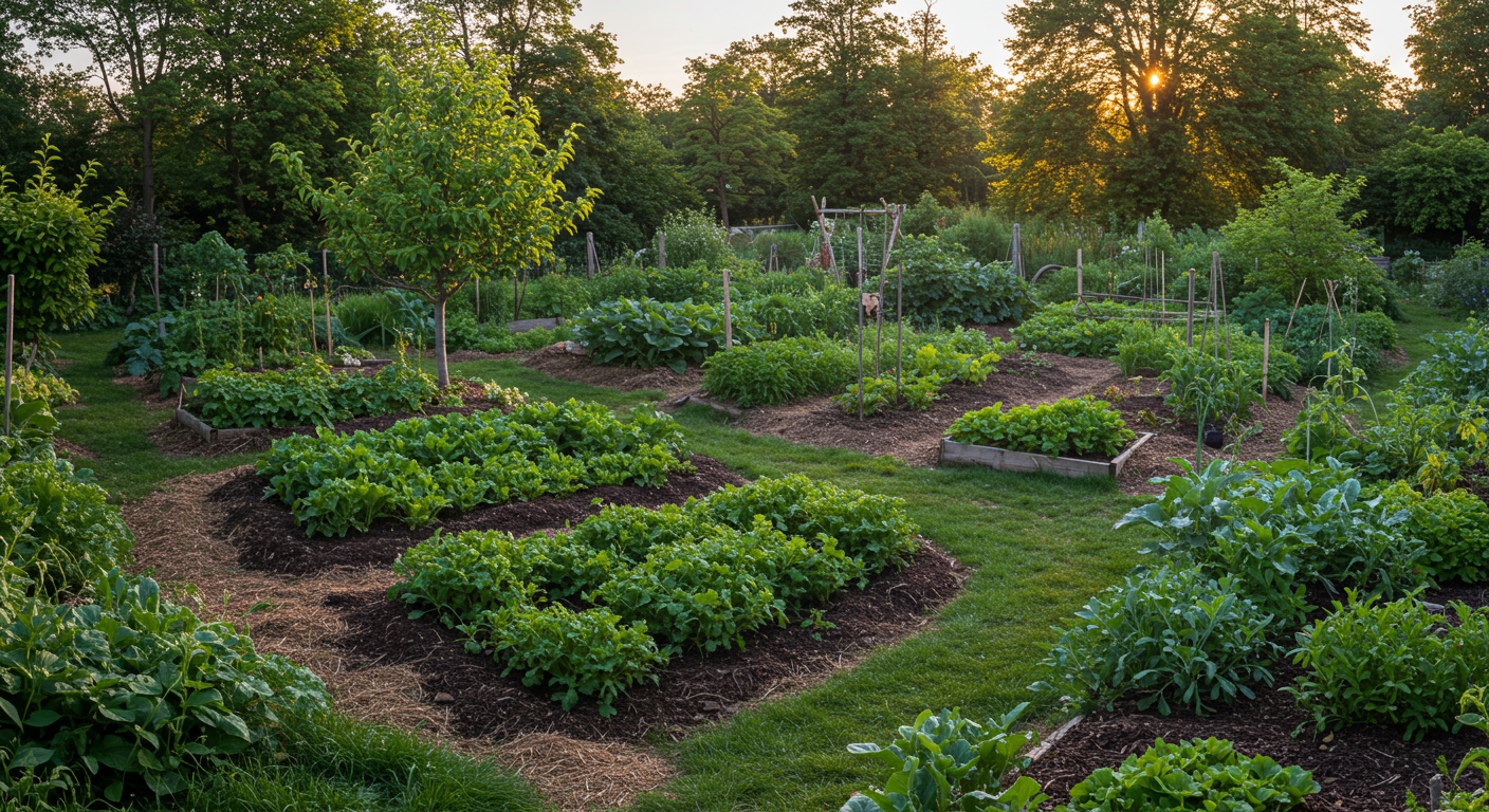 Organic mulch applied around plants in a permaculture garden