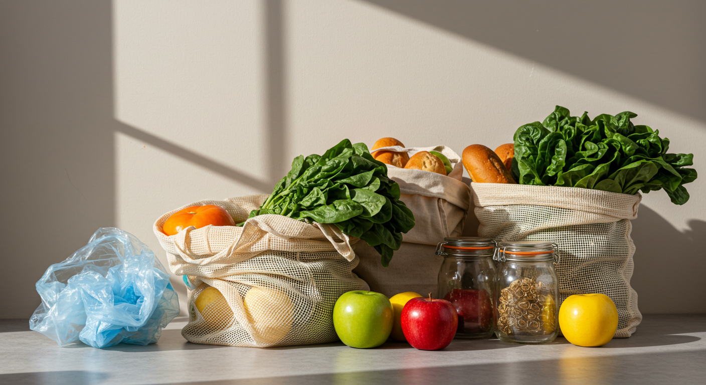 Reusable cloth bags hanging on hooks