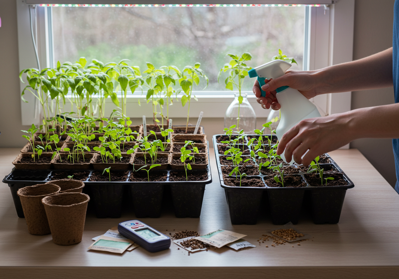 Variety of vegetables and herbs growing in garden