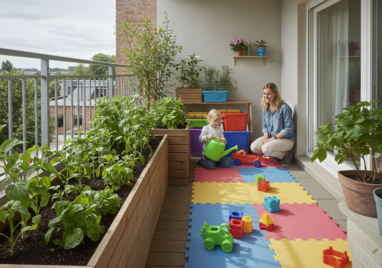 Balcony garden with mixed herbs and vegetables in containers