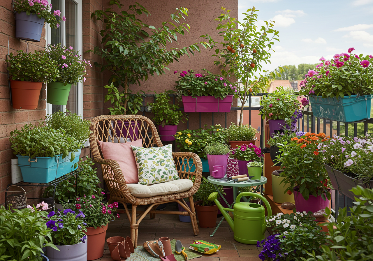 Multi-layered plant stands on balcony