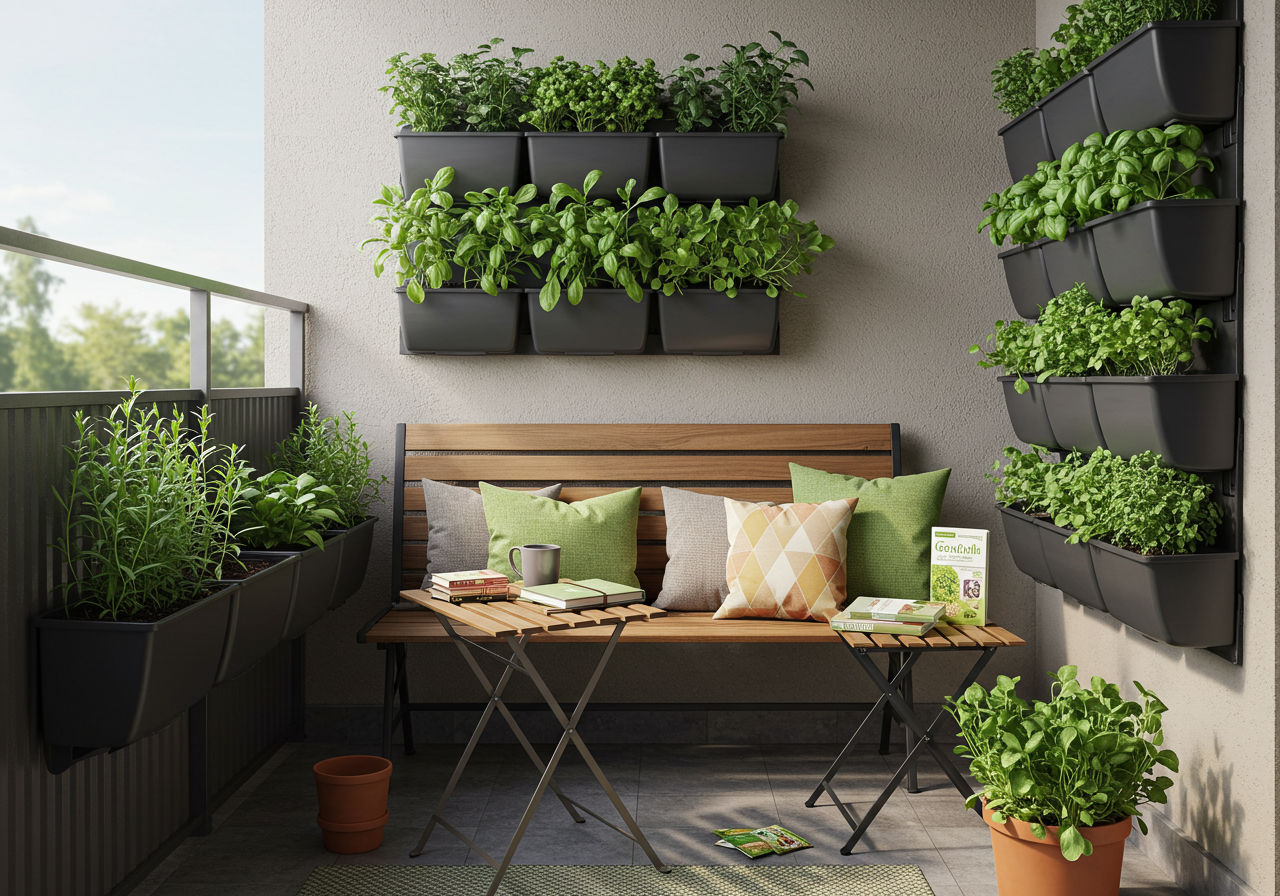 Zone-based balcony garden with herbs and flowers