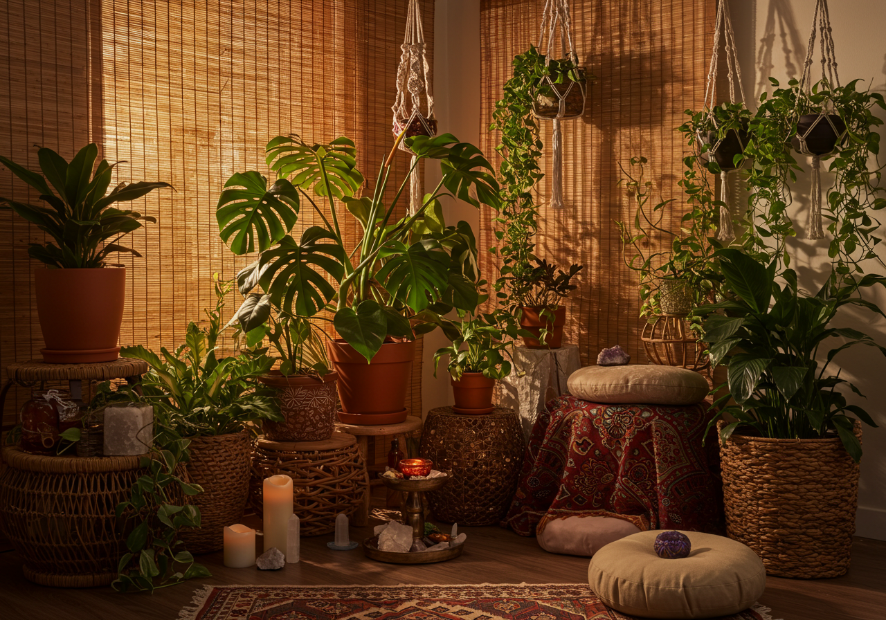Vignette of ceramic pots with indoor greenery