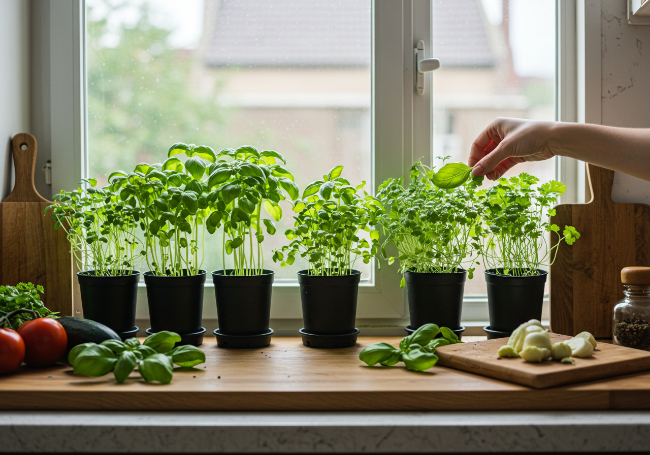 Vertical garden with various plants growing on a wall