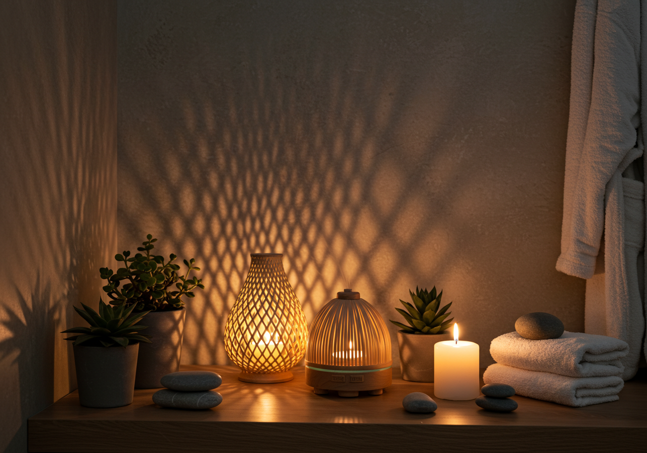Towels in baskets and small plants for calming effect