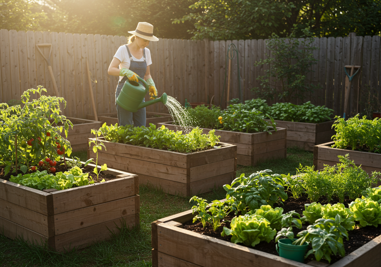 Multiple raised beds in a backyard garden layout