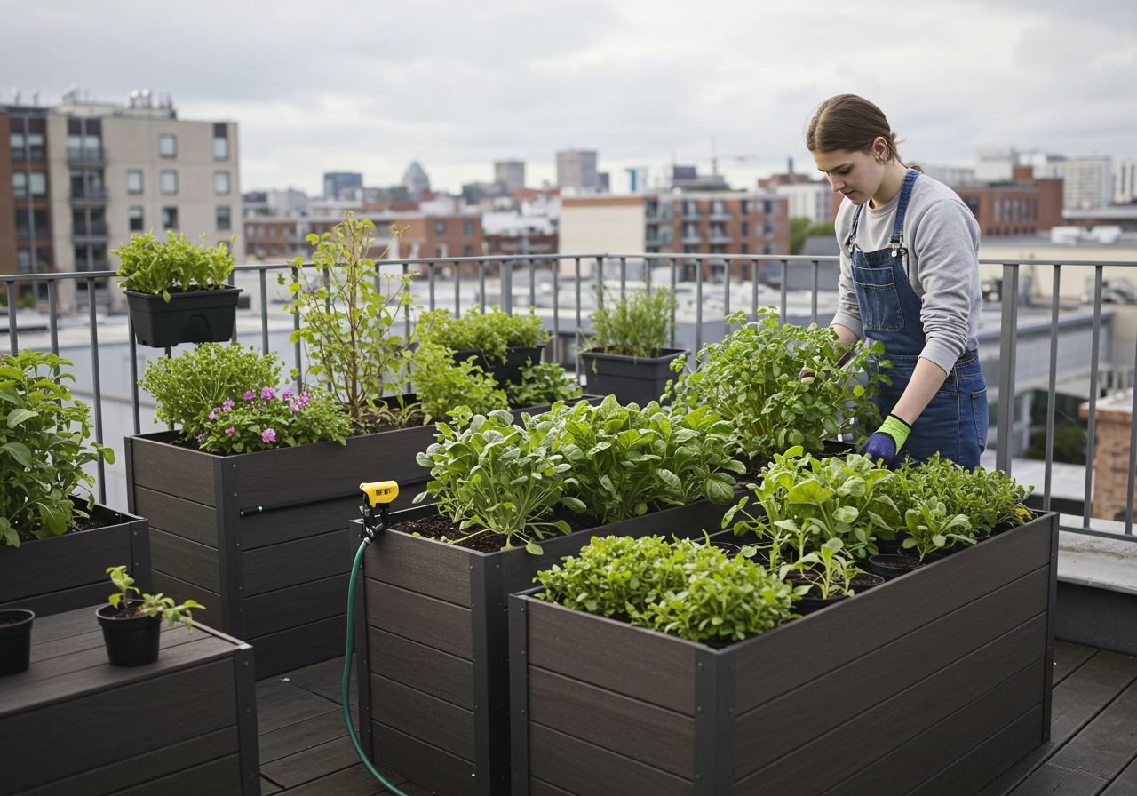 Wooden raised bed with rich dark soil and seedlings