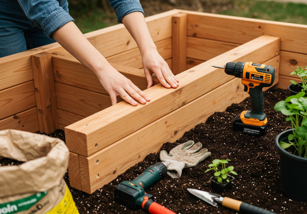 Close-up of vegetable plants growing in a raised bed