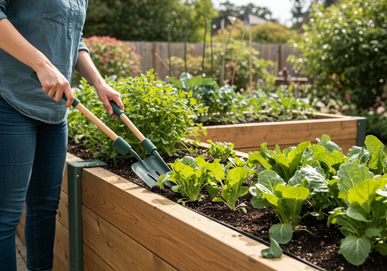 Gardener kneeling beside a raised bed using tools