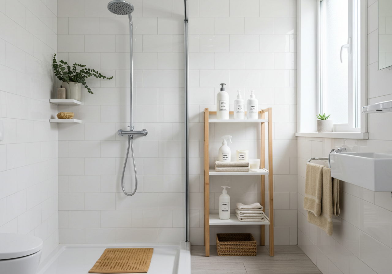Compact bathroom plants and biodegradable toiletries