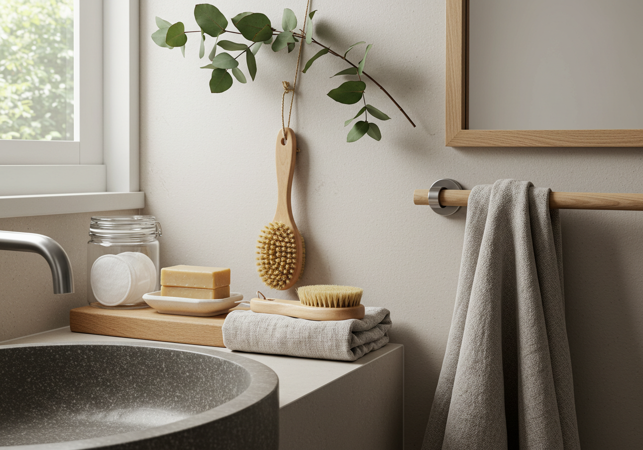 Shower with eucalyptus and natural toiletries