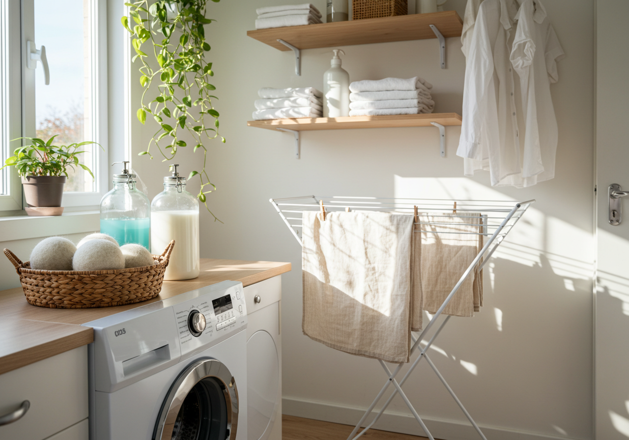 Laundry room with energy-efficient washer and hanging rack