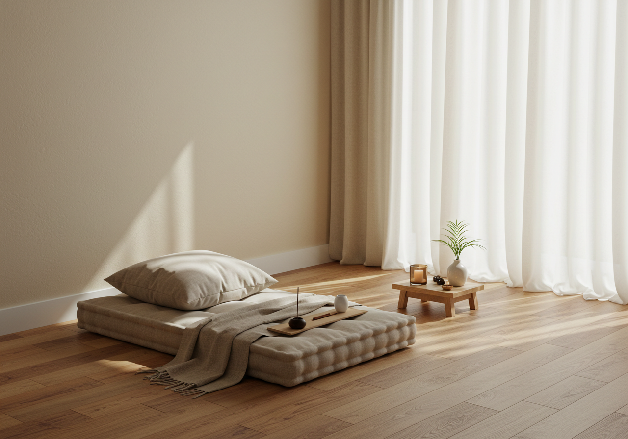 Cozy corner with low lighting and a meditation cushion