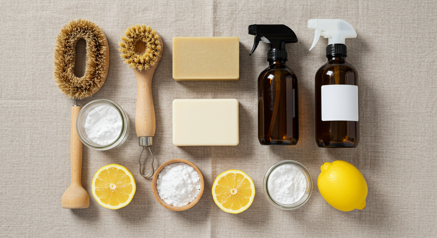 Eco-friendly cleaning products on shelf