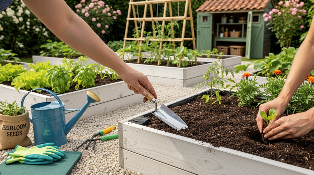 Planning layout for DIY home garden with soil and plants