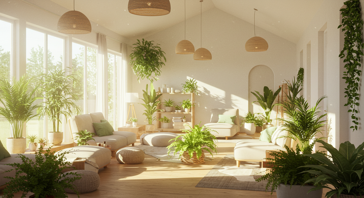 A bright indoor wellness room with plants and natural light