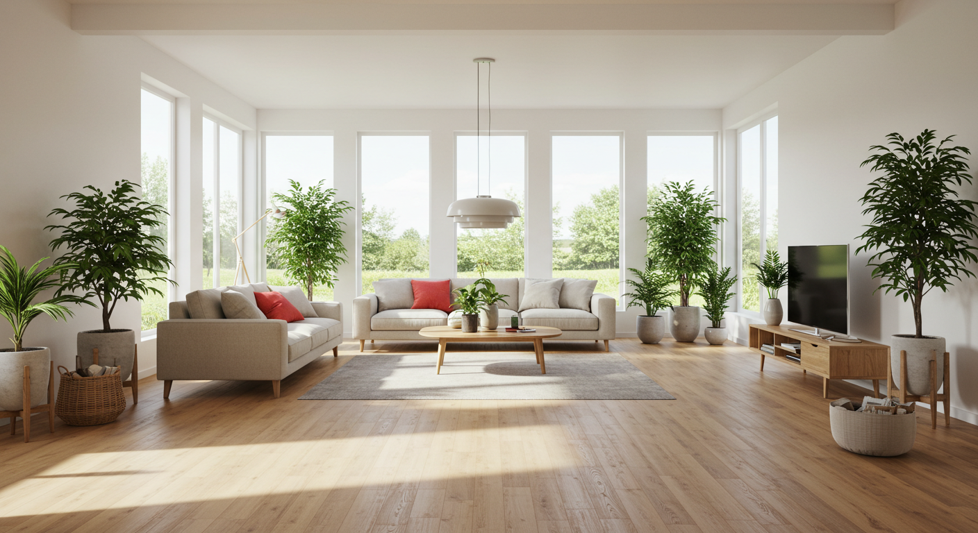 Modern eco-friendly living room with plants and natural lighting
