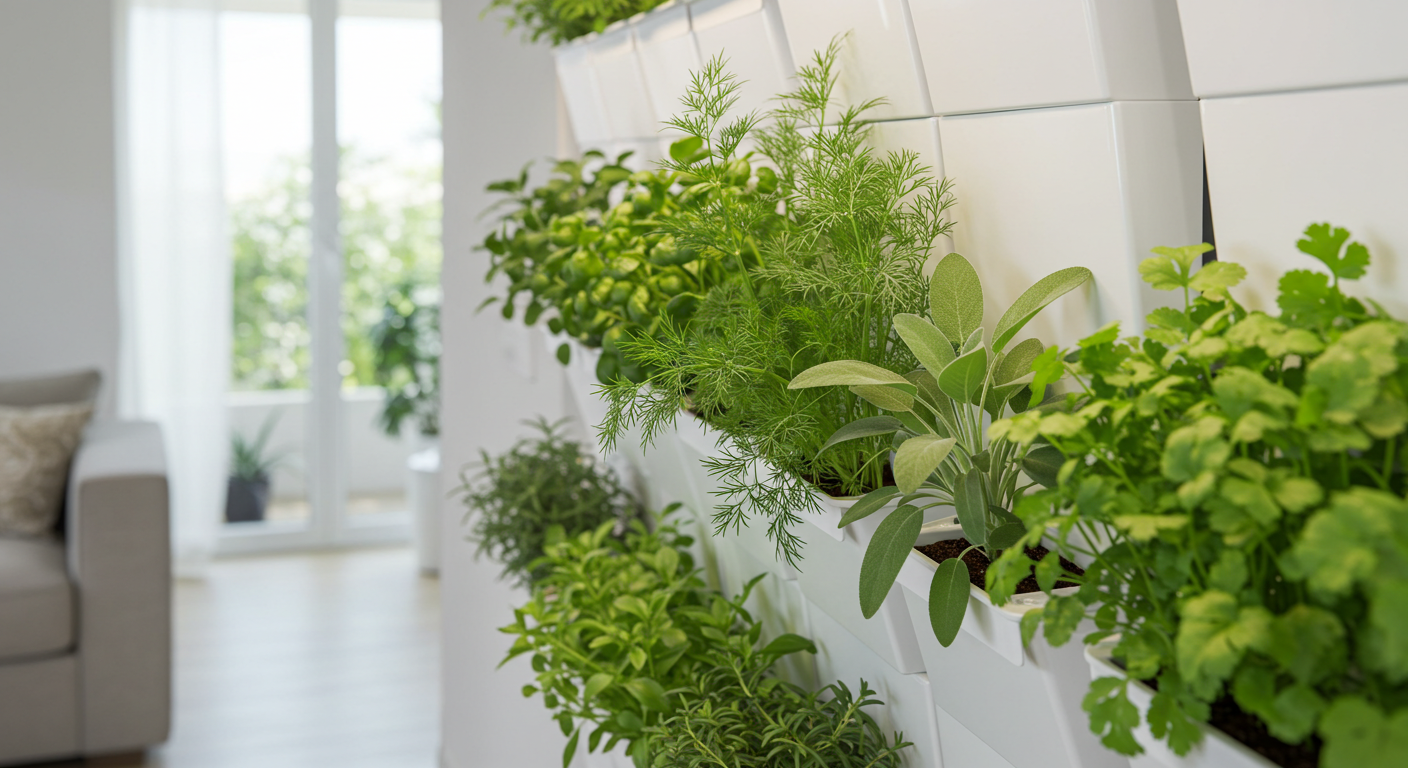 Indoor vertical garden with fresh herbs